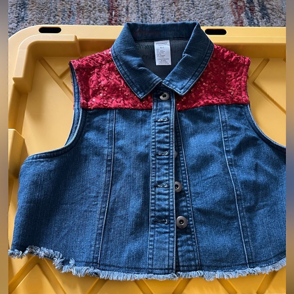 Weissman Dance Costume Denim Vest, Button Front Closure with red Sequin detail